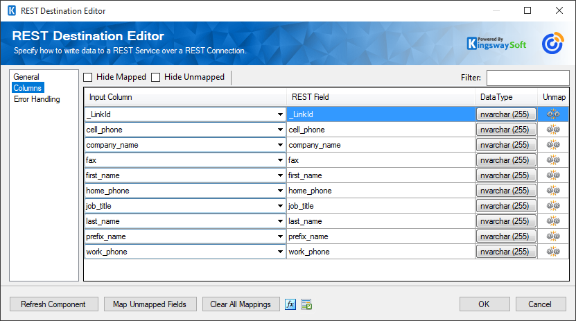 SSIS Constant Contact REST Destination - Columns